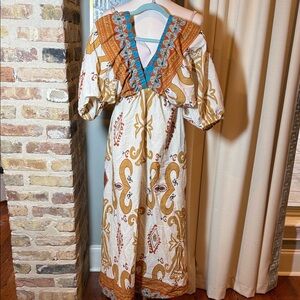Bohemian V-Neck Maxi Dress in White and Gold
